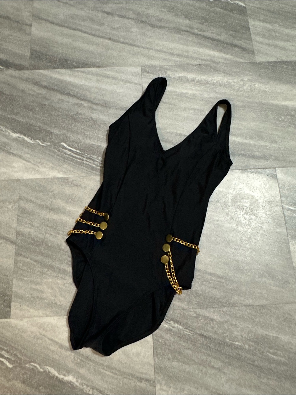 Spiegel size 4 black one piece swimsuit with gold chain